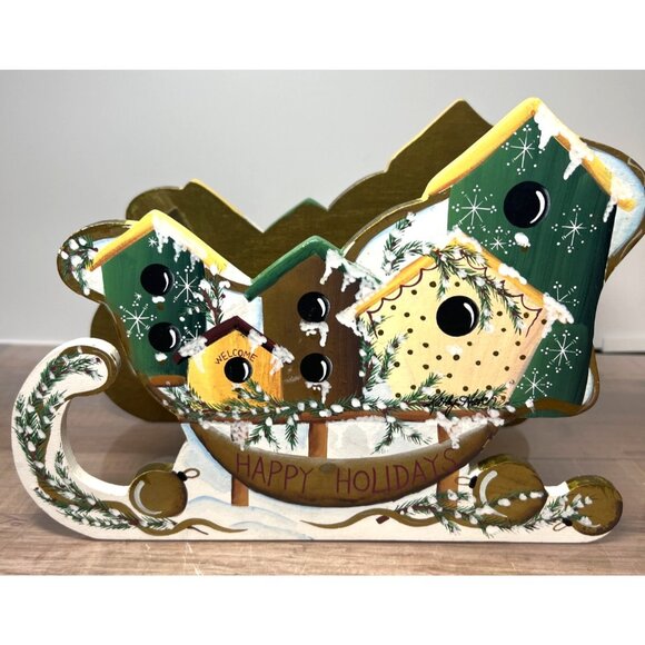 Decorative Wooden Sleigh Centerpiece With Painted Birdhouse Design - Picture 4 of 5